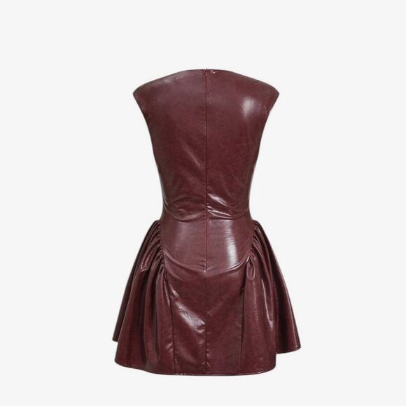 Micas Women's Small Burgundy Faux Leather V-Neck Ruched Sleeveless Mini Dress - Picture 5 of 9